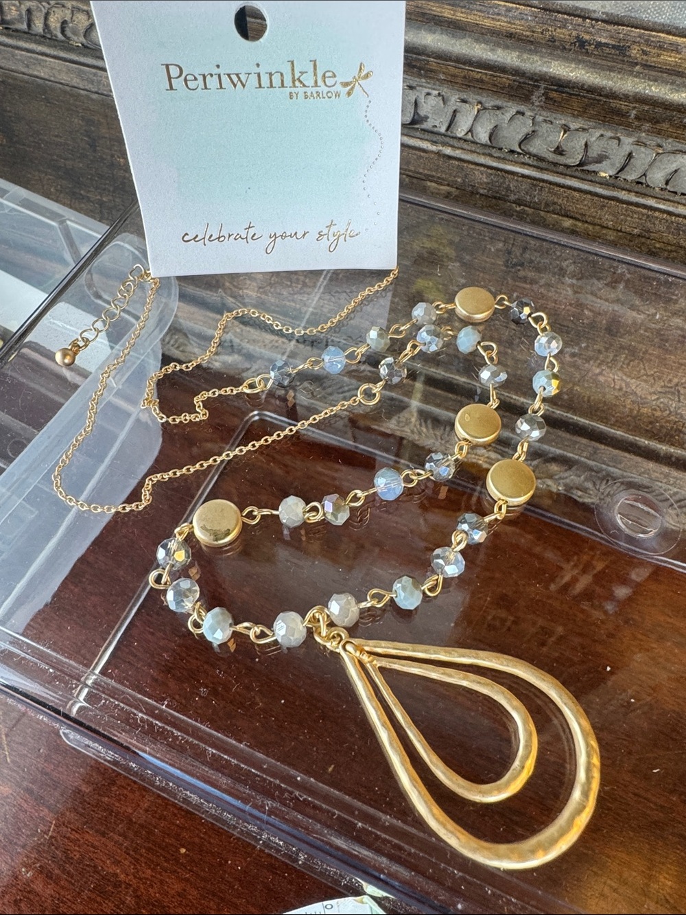 0831-24" length Gold Teardrop Pendant Necklace‎ with Iridescent Beads